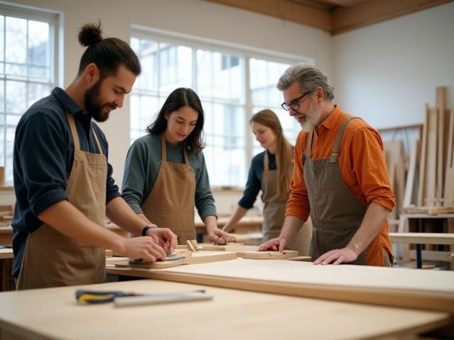 Artisans working diligently in a bright, modern woodworking workshop